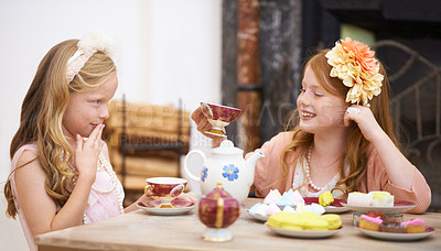 Buy stock photo Friends, tea party and girl children in a garden for playing, fun and fantasy with cake. Kids, conversation or people in backyard with elegant, fancy or creative celebration, games or birthday theme