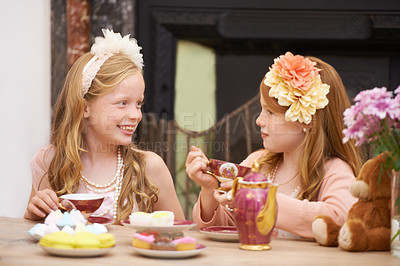 Buy stock photo Tea party, friends and girl children in a garden for playing, fun and fantasy with cake. Kids, conversation or people in backyard with elegant, fancy or creative celebration, games or birthday theme