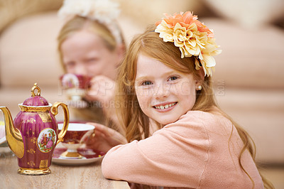 Buy stock photo Girl, child and portrait with happiness at tea party in backyard for birthday, celebration and playing outdoor in home. Person, kid and face in garden of house with dress up, flower and role play fun
