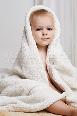 Buy stock photo Portrait of baby on bed, clean with towel and bath in morning with health, wellness and growth in house. Cute happy toddler in bedroom for hygiene, relax or calm bedtime for child development in home
