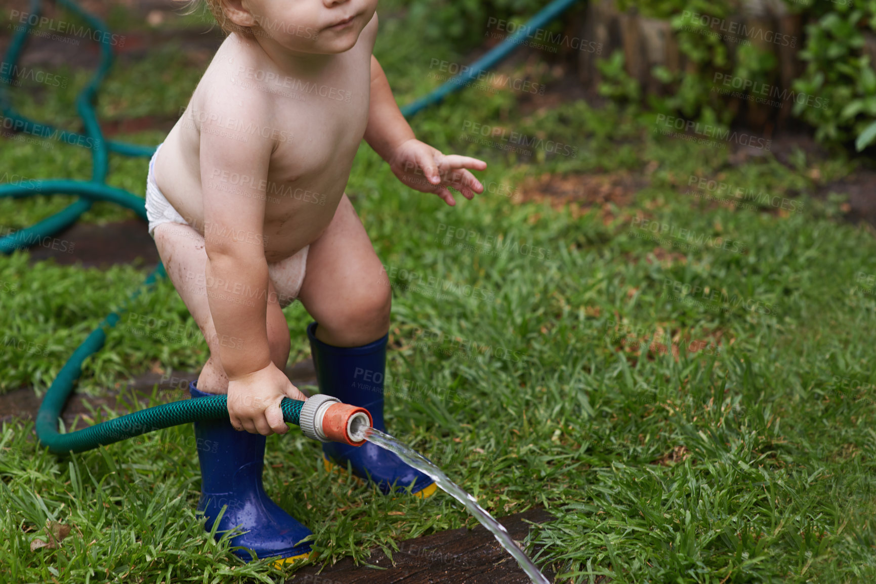 Buy stock photo Baby, playing with hose and water, backyard and  development with growth, curiosity and home. Toddler, child and infant in garden, alone and childhood for wellness, milestone and coordination