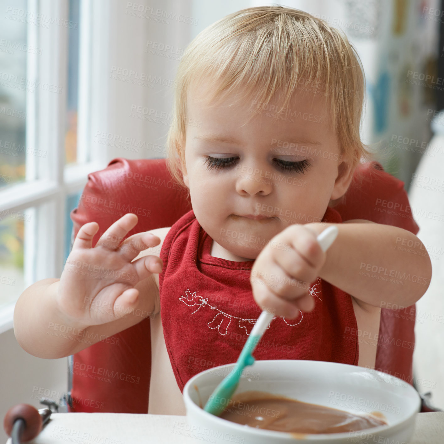 Buy stock photo Hungry, cute and baby eating porridge for health, nutrition or child development at home. Food, sweet and girl toddler or kid enjoying an organic puree meal for lunch or dinner in high chair at house