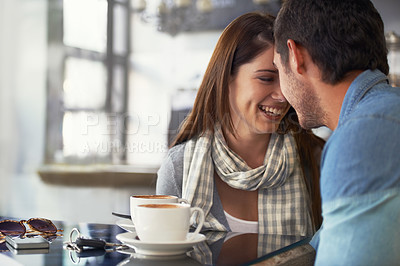 Buy stock photo Love, coffee shop and relax couple smile for romantic date, care and happy together in diner, cafe or restaurant. Relationship, hospitality service and cafeteria man, woman or people bond over drinks