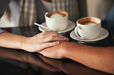 Buy stock photo Love, coffee shop and couple holding hands, relax and romantic support on morning date for latte, espresso or beverage. Relationship, hospitality service and closeup of people bonding over drink cup