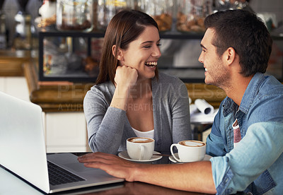 Buy stock photo Laptop, cafe conversation and couple laughing at customer experience, discussion or funny restaurant joke. Freelance, computer and people smile for diner comedy, hospitality humour or online meme