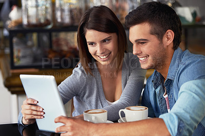 Buy stock photo Tablet, coffee shop and couple of people reading online restaurant report, service insight or research of hospitality industry. Remote work, cafeteria teamwork or partner cooperation on project study