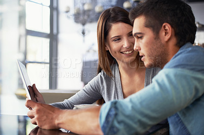 Buy stock photo Tablet, smile and relax couple on coffee shop date, lunch break and check application, social media or online cafeteria menu. Relationship, customer and happy people in cafe, restaurant or diner