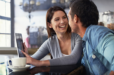 Buy stock photo Tablet, restaurant and couple of people smile for cafe feedback, diner review and monitor web traffic to online menu. Remote work, freelance and team check social network for cafeteria reputation