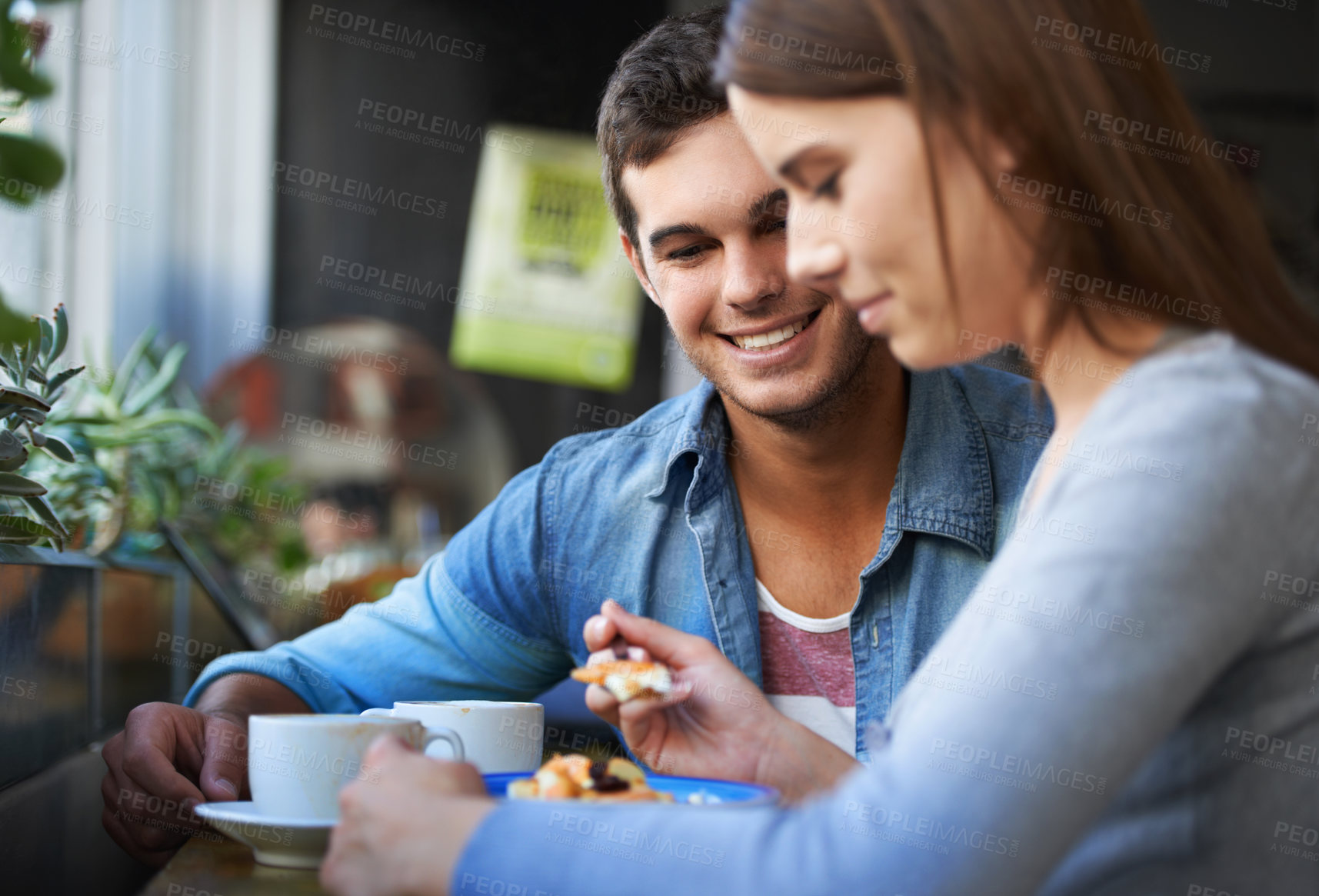 Buy stock photo Food, happy and couple eating in cafe, care and bonding together on valentines day date in the morning. Smile, man and woman in restaurant with breakfast coffee drink, love and relationship in shop