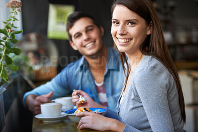 Buy stock photo Smile, portrait and couple eating in cafe, love and bonding together on valentines day date in the morning. Happy face, man and woman in restaurant with breakfast coffee drink, food and relationship