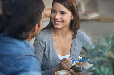Buy stock photo Love, happy couple eating in coffee shop and drink in cafe for bonding together on valentines day date in the morning. Smile, man and woman in restaurant with breakfast espresso, food or conversation