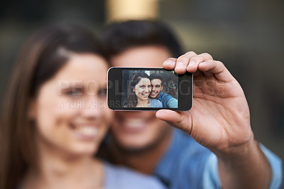 Buy stock photo Portrait, selfie of happy couple and phone screen, love and care in relationship. Man, woman and profile picture of face on smartphone, memory or photo together on social media on valentines in home