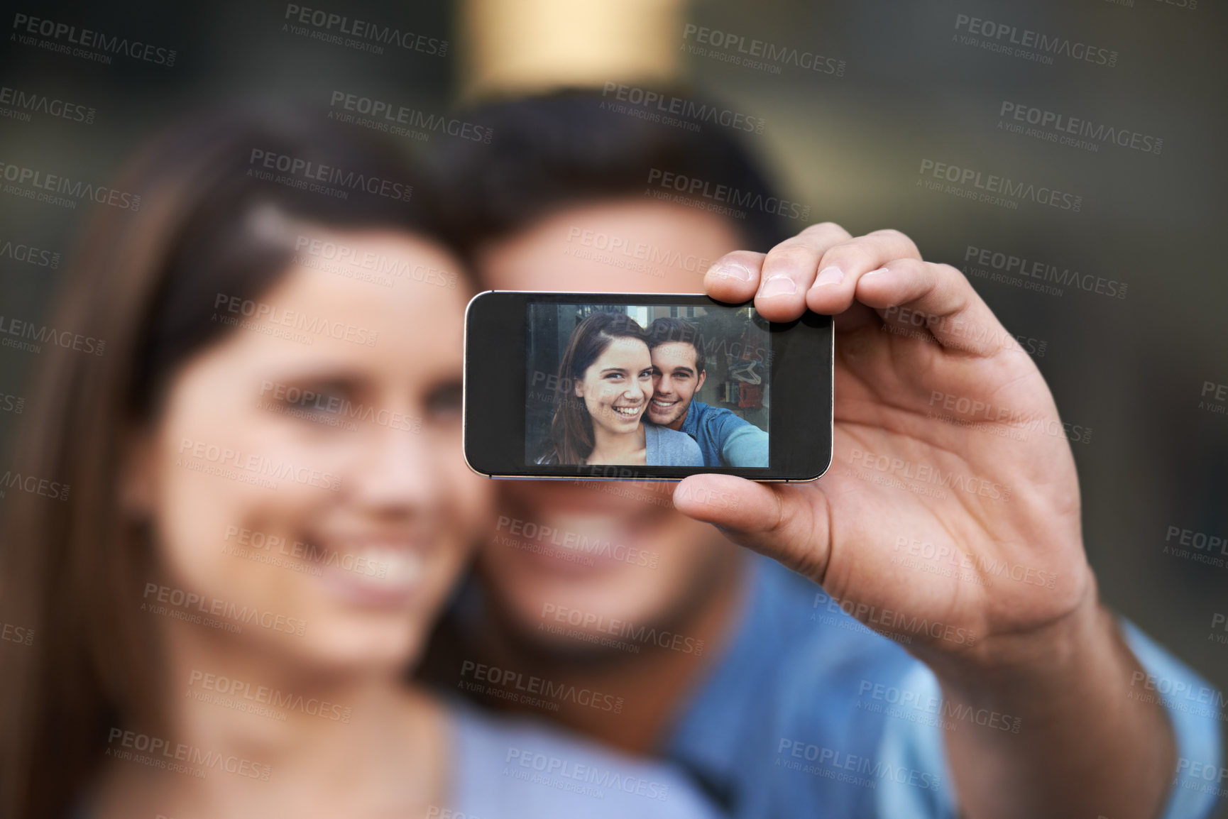 Buy stock photo Portrait, selfie of happy couple and phone screen, love and care in relationship. Man, woman and profile picture of face on smartphone, memory or photo together on social media on valentines in home