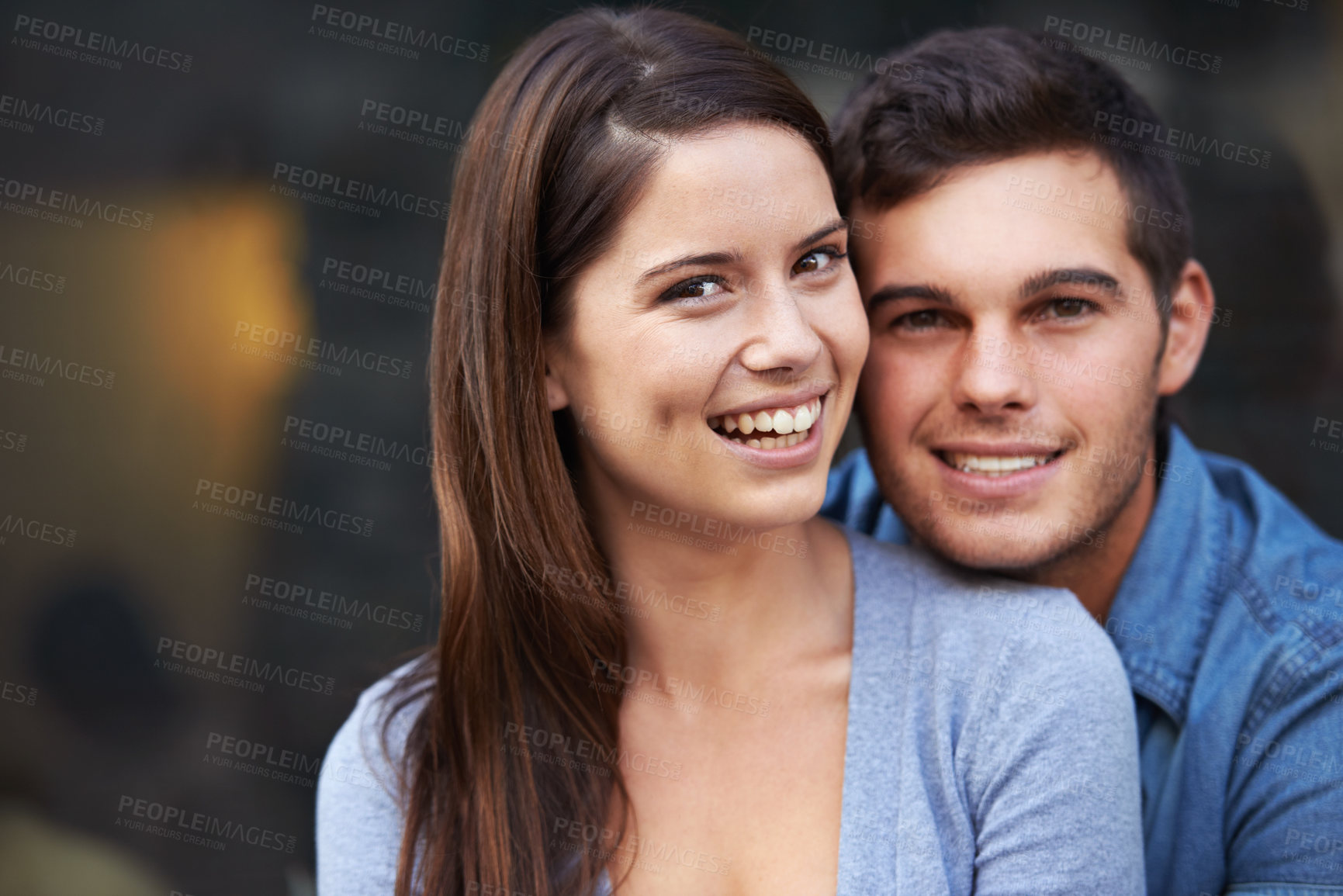 Buy stock photo Outdoor, together and happy portrait of couple with support, care and love in marriage. Smile, man and woman relax in backyard on vacation, holiday or laughing with partner in summer with freedom