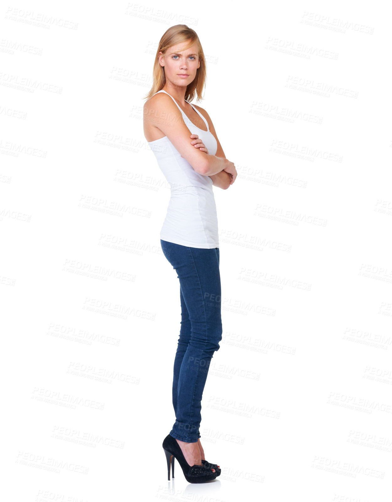 Buy stock photo Arms crossed, fashion or portrait of woman in studio isolated on white background with elegance or heels. Full body, cool female person or girl model with confidence, modern style or trendy clothes