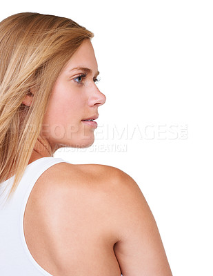 Buy stock photo Thinking, blonde hair or profile of woman in studio or salon for keratin growth, healthy shine or beauty. Mockup space, texture or female model with natural hairstyle or glow on white background