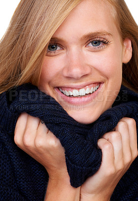 Buy stock photo Winter, fashion and portrait of happy woman in studio with cool, trendy and comfortable outfit. Face, smile and female model with texture satisfaction from cosy, style or casual clothing choice