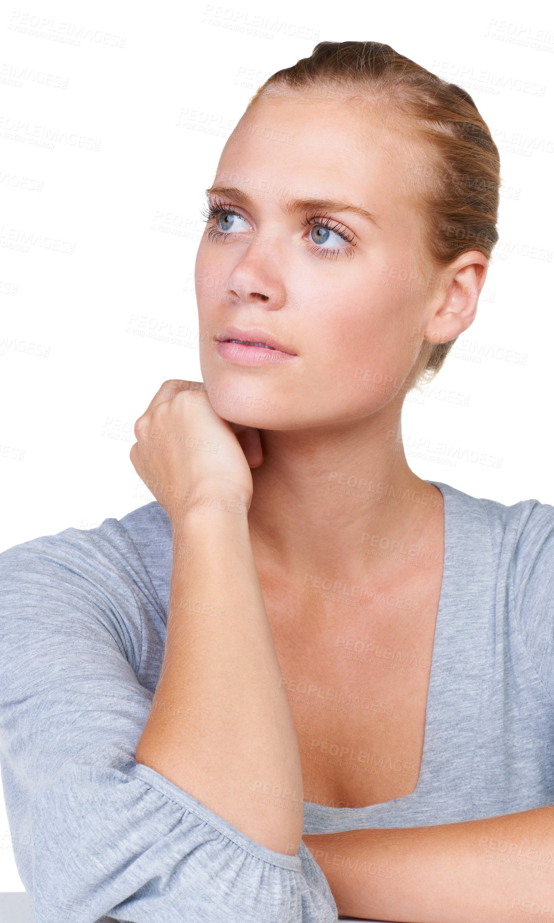 Buy stock photo Thinking, model or woman in studio with decision, option or choice on white background alone. Looking up, problem solving or thoughtful female person isolated with solution, vision or creative ideas