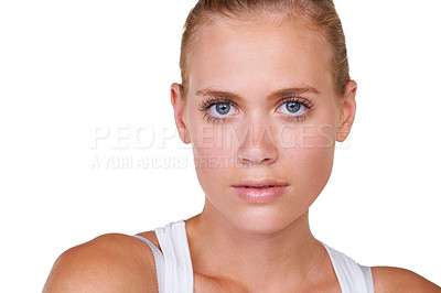 Buy stock photo Skincare, portrait and woman in studio with natural beauty, treatment or cosmetic results on white background. Glowing skin, face and female model with dermatology, shine or wellness while isolated