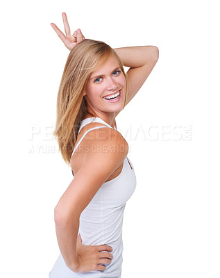 Buy stock photo Hair care, peace sign or portrait of happy woman in studio for keratin growth, healthy shine or beauty. Mockup space, texture or female model with natural hairstyle, smile or glow on white background