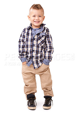 Buy stock photo Full length studio shot of well-dressed young boy isolated on white