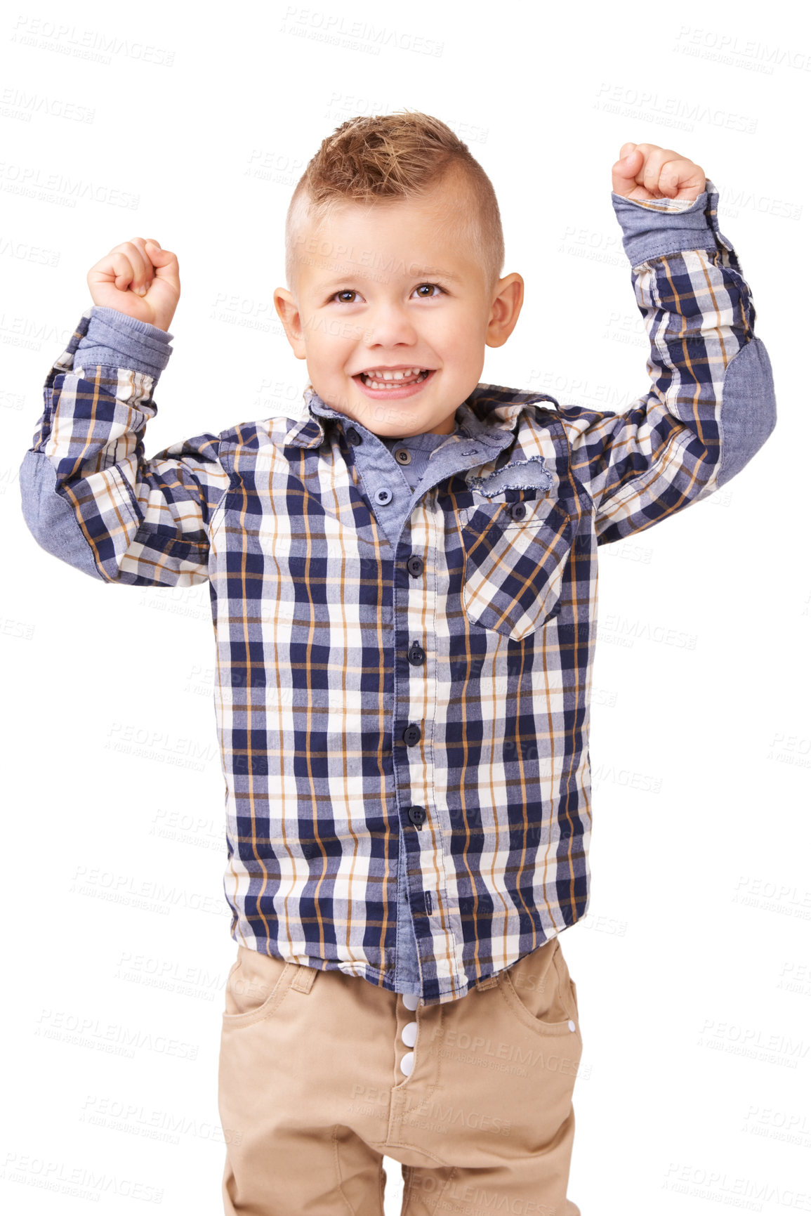 Buy stock photo Child, arms and strong confidence or flexing for future muscle development, white background or studio. Boy, kid and model as mockup space for bicep growth for brave power for health, pride or cool