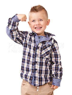 Buy stock photo Happy boy, flex and fashion with hair style and checkered shirt standing isolated on a white studio background. Face of young little child, kid or male person smile showing muscle in casual clothing
