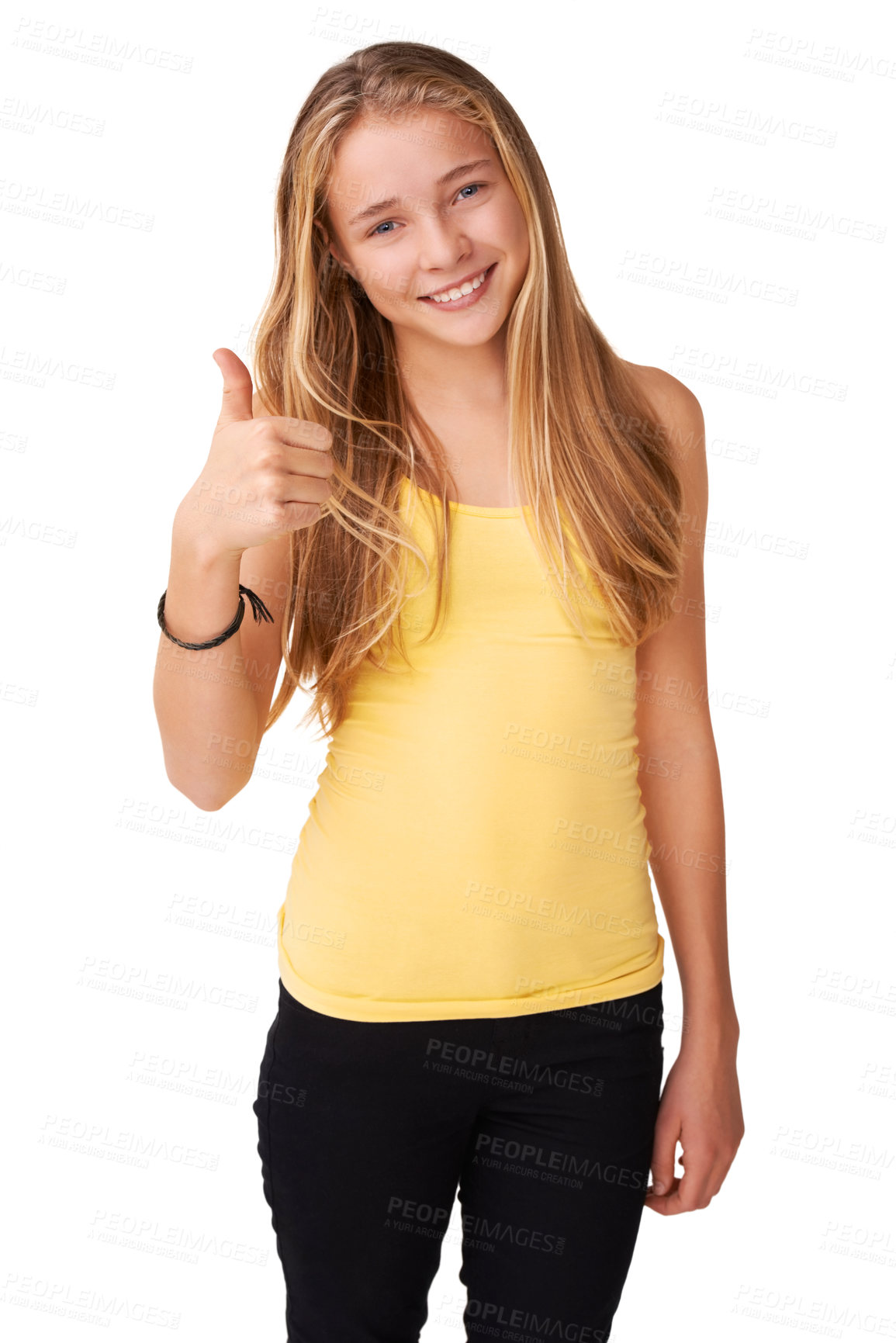 Buy stock photo Portrait of happy girl, teenager and thumbs up in studio for choice, agreement and okay sign. Female model, young and isolated on white background with hand gesture for yes, pride or fashion pose