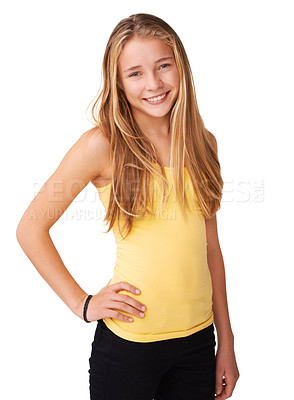 Buy stock photo Smile, fashion or portrait of happy girl teenager in studio isolated on white background with pose. Young, cool child or confident model with pride, modern style or trendy clothes with hand on hip