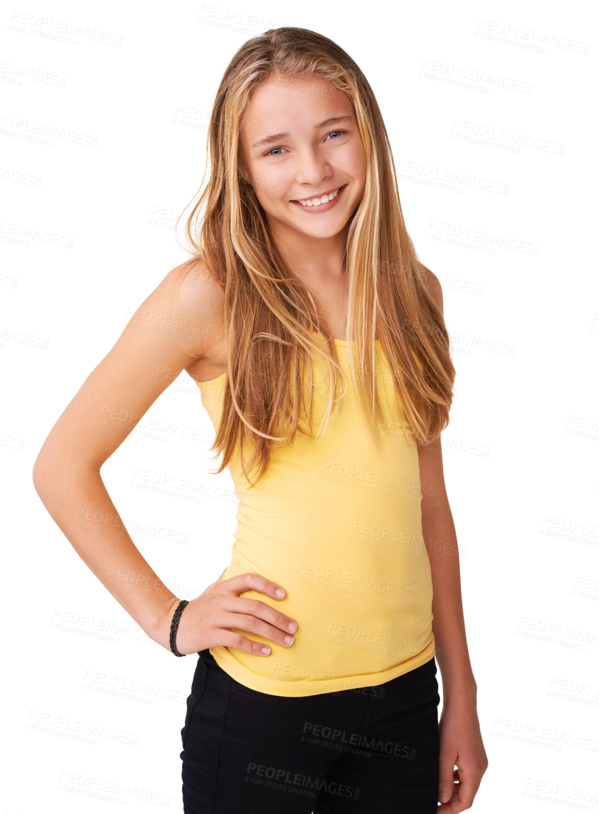 Buy stock photo Smile, fashion or portrait of happy girl teenager in studio isolated on white background with pose. Young, cool child or confident model with pride, modern style or trendy clothes with hand on hip