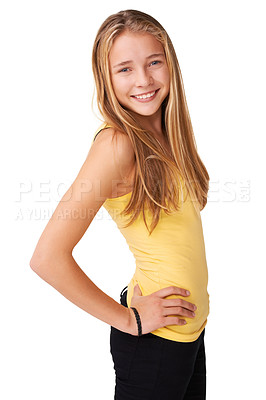 Buy stock photo Cool, fashion or portrait of happy girl teenager in studio isolated on white background with pose. Pride, casual child or confident model with smile, modern style or trendy clothes with hand on hip
