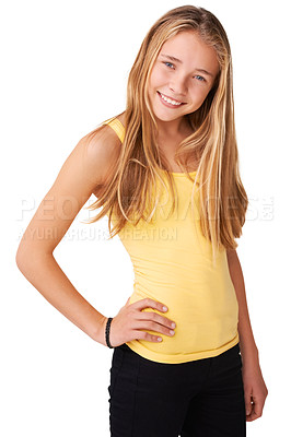 Buy stock photo Casual, fashion or portrait of happy girl teenager in studio isolated on white background with pose. Pride, cool child or confident model with smile, modern style or trendy clothes with hand on hip