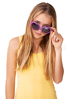 Buy stock photo Sunglasses, fashion or portrait of girl teenager in studio isolated on white background with blonde hair. Pride, casual child or confident model with swag, cool style or trendy heart shaped eyewear