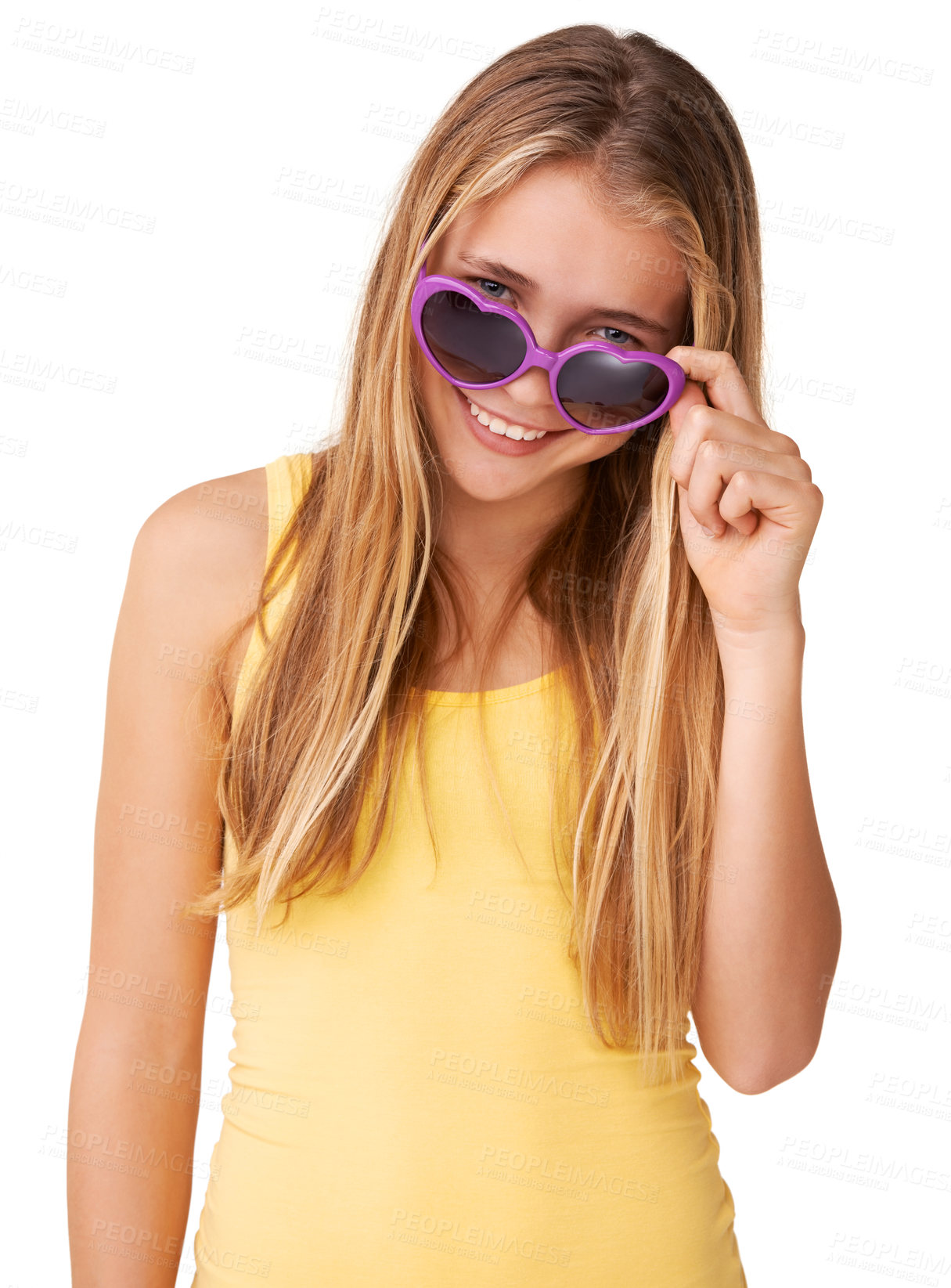 Buy stock photo Portrait of a cute teen girl peering over her heart-shaped glasses