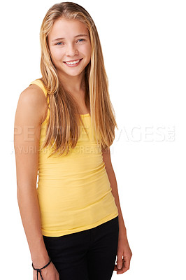 Buy stock photo Portrait of a positive teen girl isolated on white