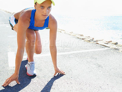 Buy stock photo Fitness, start and woman running by the beach for race, competition or marathon training exercise. Sports, health and female athlete runner with cardio workout for endurance and speed by ocean or sea