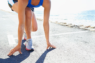 Buy stock photo Sports, start and woman running by beach for race, competition or marathon training exercise. Fitness, health and closeup of female athlete runner with cardio workout for endurance by ocean or sea.