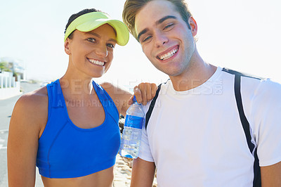 Buy stock photo Couple, runners and portrait on road, water and fitness with smile, training and morning for run. Man, woman and athletic for workout, young and exercise together in summer, boyfriend and girlfriend