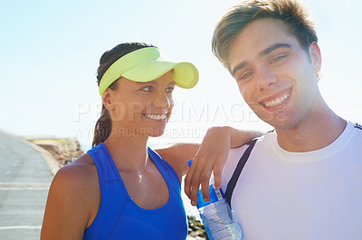 Buy stock photo Couple, outdoor and portrait with water, workout and fitness with smile, training and run for health.. Man, woman and athletic for ocean, sea and exercise together in summer, boyfriend and girlfriend