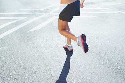 Buy stock photo Closeup, running and legs with woman, fitness and exercise with progress, endurance and challenge. Person, athlete and runner with sneakers, workout and training with wellness, healthy and shoes