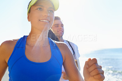 Buy stock photo Couple, running and athlete in beach, workout and fitness with smile, training and morning for run. Man, woman and athletic for ocean, sea and exercise together in summer, boyfriend and girlfriend