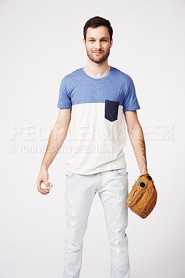 Buy stock photo Man, studio and holding baseball with glove for safety, pitch or catch in game, sport or contest by white background. Isolated athlete, softball and portrait in sports gear, fitness goal and training