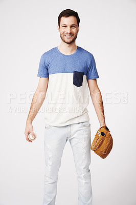 Buy stock photo Man, portrait and holding baseball with glove in studio for safety, pitch or catch in sport game by white background. Guy, isolated model and softball in sports gear, fitness and training with smile