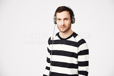 Buy stock photo Man, music portrait and headphones with podcast with relax listening and mockup. Isolated, white background and male person hearing audio and online song streaming with internet radio track in studio