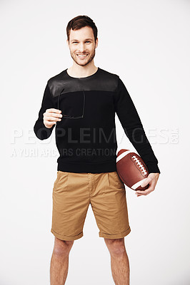 Buy stock photo Man, rugby and smile portrait with fitness and sport gear with casual fashion in studio. Isolated, white background and young male person with happiness and ready to start workout exercise and game