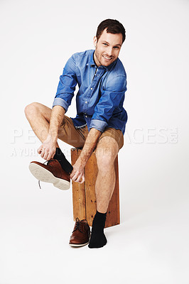 Buy stock photo Fashion, portrait and shoes for happy man in studio on white background for getting ready or dressing. Face, choice and casual male with outfit for style, decision and fashionable or trendy aesthetic