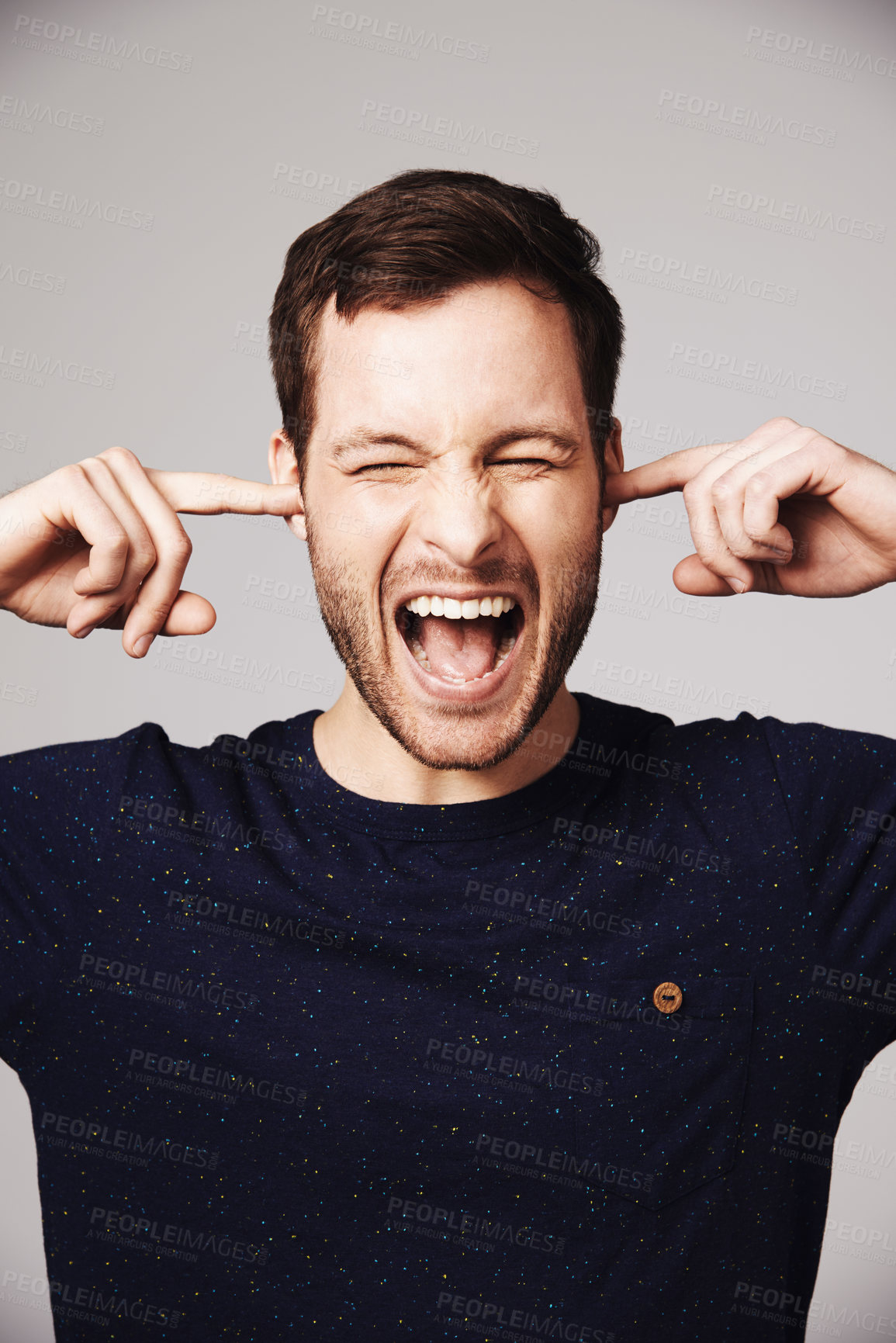 Buy stock photo Man, scream and block ears in studio with anger, frustrated face and mental health problem by white background. Isolated guy, model and angry shout with stress, anxiety or noise by gray backdrop