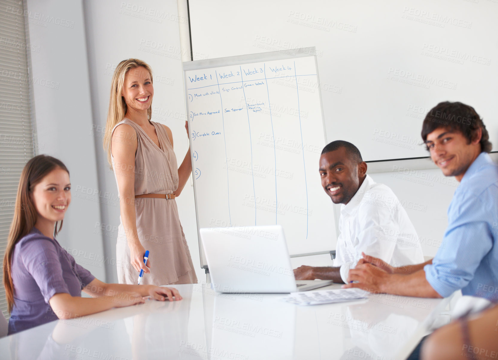 Buy stock photo Whiteboard presentation meeting, portrait and business people listening to speaker, team leader or manager schedule. Collaboration, training workshop and group planning company agenda, list or tasks