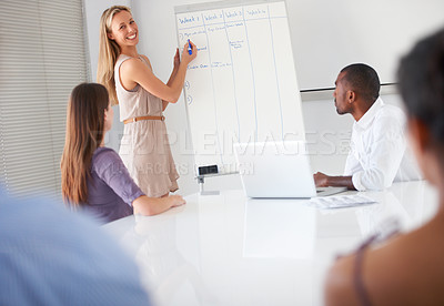 Buy stock photo Whiteboard presentation meeting, happy woman and business people listen to agenda of project manager. Portrait, smile or training group attention, teamwork and planning agency schedule, list or tasks