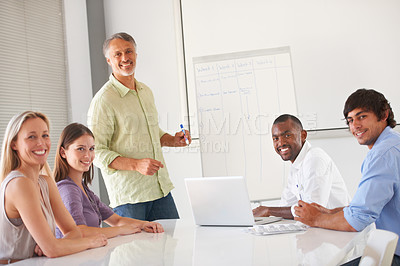 Buy stock photo Whiteboard presentation meeting, business portrait and happy people listen to speaker, presenter or CEO agenda plan. Cooperation, confident man or sales group planning company schedule, list or tasks